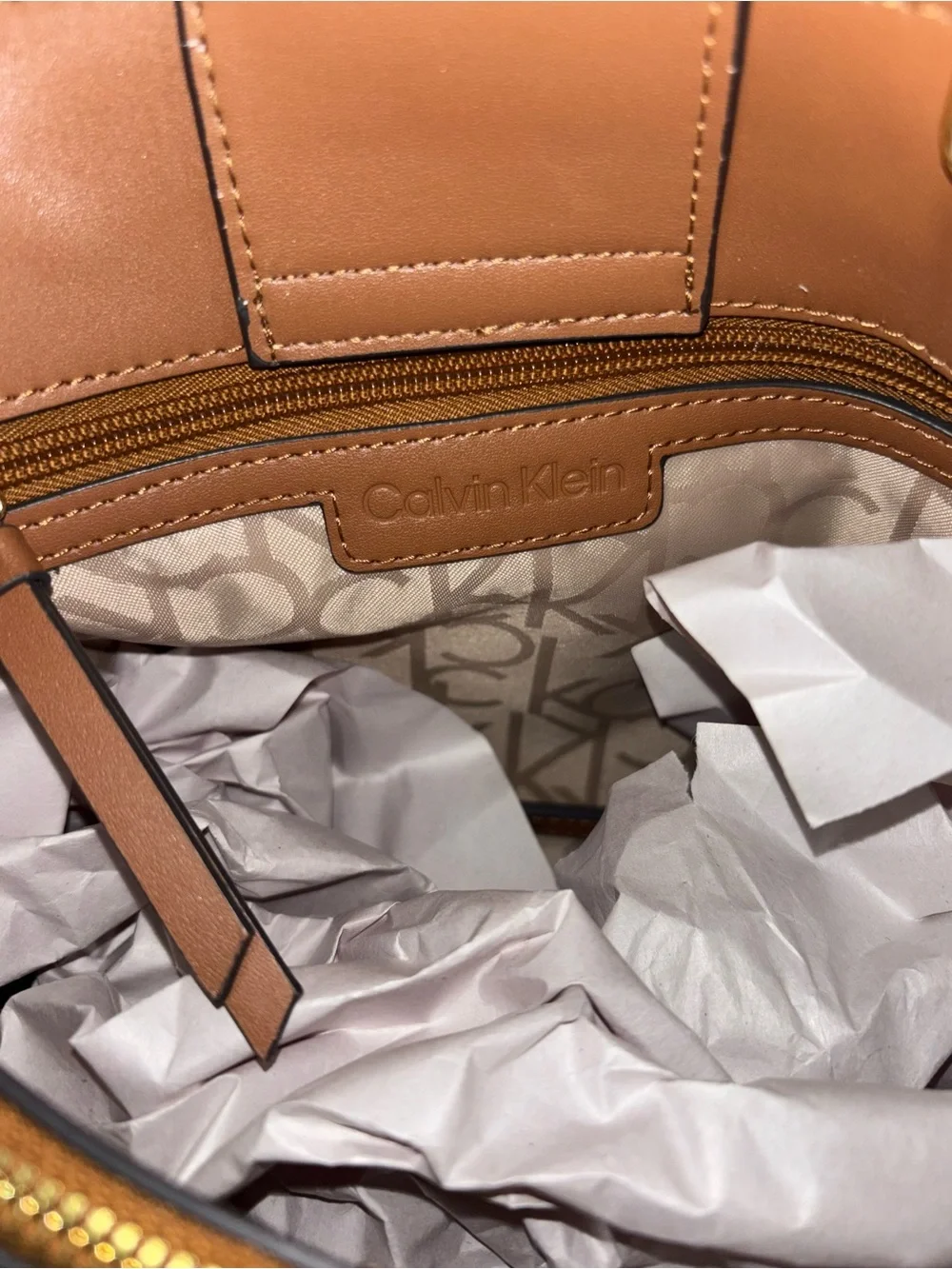 🥥Calvin Klein Brown Monogram Satchel with Tan Trim